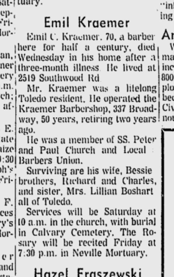 The Obituary of Emil Kraemer. Toledo Blade Mar 28, 1968